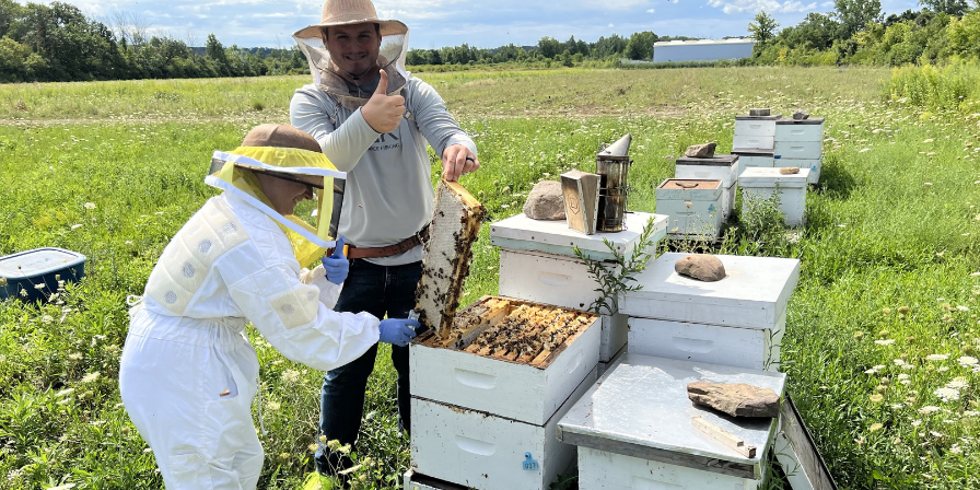Canadian Bee Gut Team members sampling hives during Fall/2022. Left to right: Elizabeth Mallory, Andrew Pitek